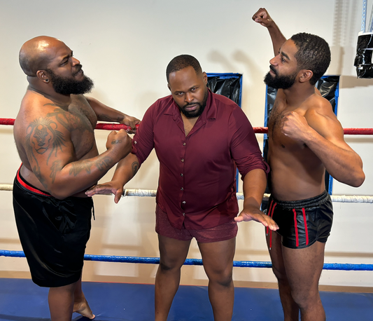 Men's Wrestling: Two Beefy Barefoot Bears School Scrawny Guy