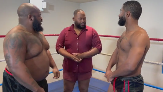 Men's Wrestling: Two Beefy Barefoot Bears School Scrawny Guy